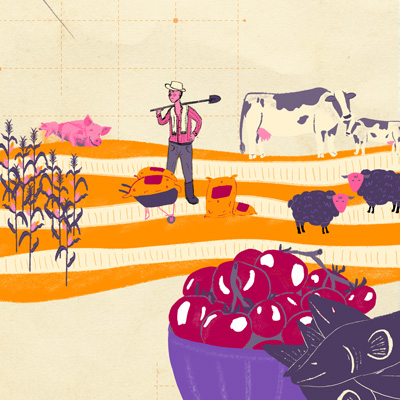 Ilustración del campo, en donde se ve un campesino, algunos animales y cosechas