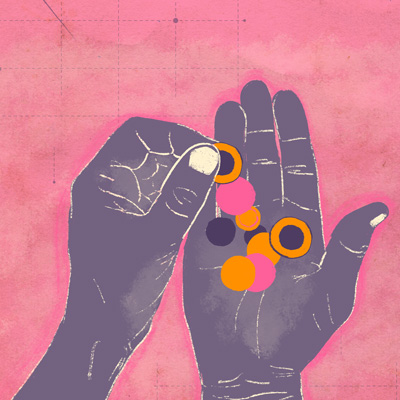 Ilustración de una mano con la palma arriba, con monedas encima mientras otra mano sostiene una de esas monedas.