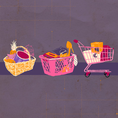 Ilustración de un canasto con mercado de frutas y carnes, al lado derecho una canasta plástica con variedad de productos y al lado un carro de mercado con cajas de productos.