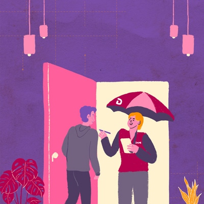 Ilustración que muestra a dos personas parados en la entrada de una puerta, un hombre y una mujer, la mujer sostiene en las manos una sombrilla, un esfero y un cuaderno.