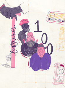 Ilustración de 3 personas mayores, con la palabra Centenarios al lado izquierdo y el número 100 al lado derecho