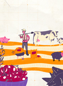 Ilustración del campo, en donde se ve un campesino, algunos animales y cosechas
