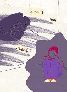 Ilustración que muestra un niño llorando en la esquina inferior derecha mientras que en la esquina superior izquierda se ve un puño amenazante