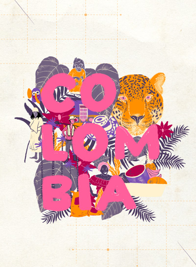 Ilustración con el texto COLOMBIA, entrelazado con elementos representativos del país, como la diversidad étnica, el jaguar, plantas y frutas.