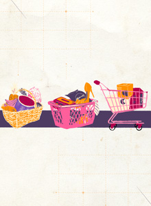 Ilustración de un canasto con mercado de frutas y carnes, al lado derecho una canasta plástica con variedad de productos y al lado un carro de mercado con cajas de productos.