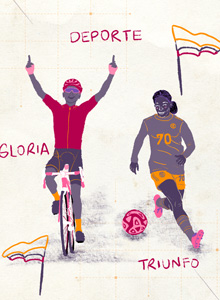 Ilustración de un ciclista levantando ambos brazos, y de un futbolista jugando con el balón, con dos banderas de Colombia y las palabras Deporte, Gloria y Triunfo alrededor de ellos.